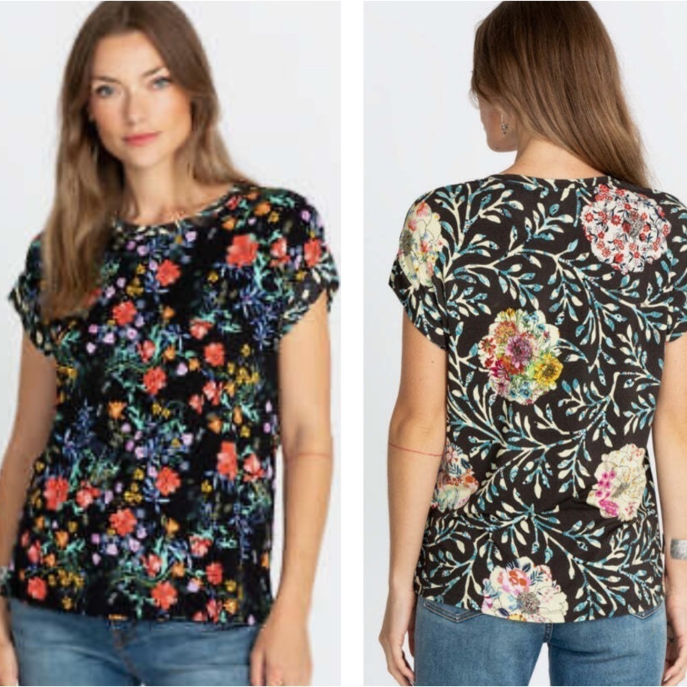 Johnny Was Kashim Relaxed Mixed Floral T Shirt Short Sleeve Colorful/Black SZ S